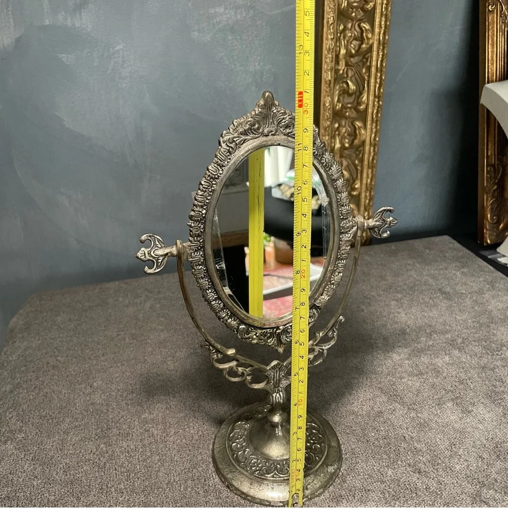 Vintage Ornate European Style Brass Toned Metal Vanity Mirror